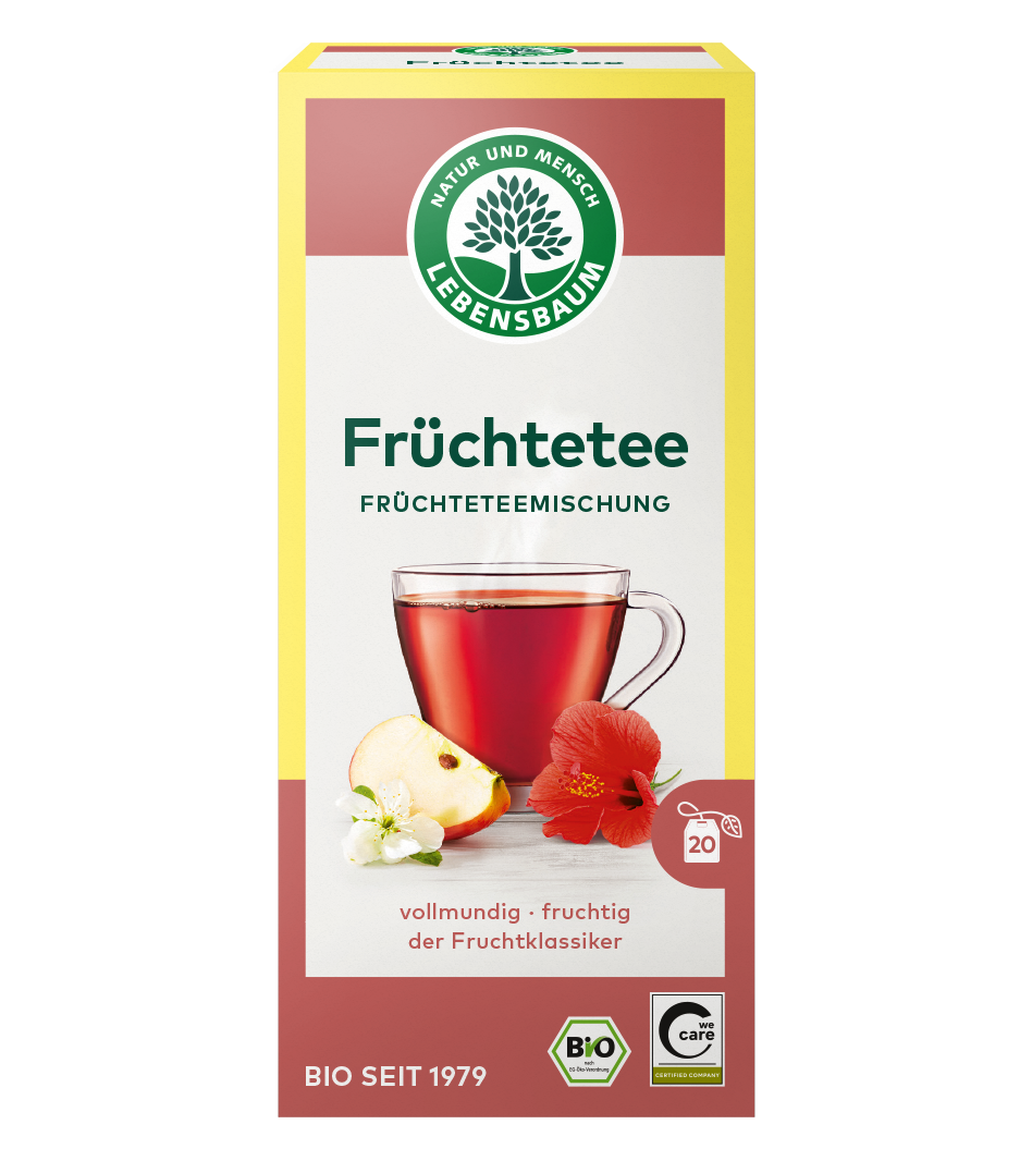 Lebensbaum Früchtetee Packung mit gelb-rotem Design, Tasse mit rotem Tee, Apfelstück und roter Hibiskusblüte, Bio-Zertifikat, 20 Teebeutel