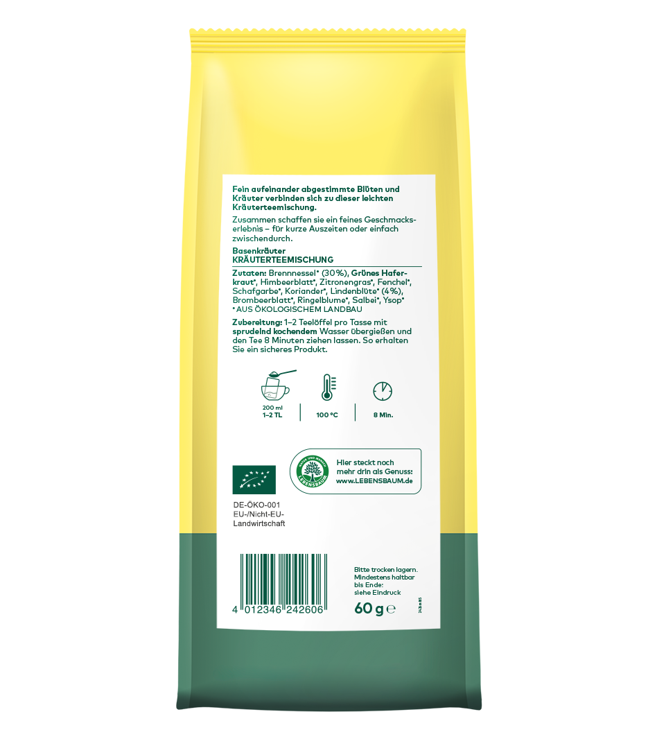Gelb-grüne Verpackung Basenkräuter Kräuterteemischung 60g, Bio-zertifiziert, mit Zutatenliste und Zubereitungsanleitung auf weißem Label.
