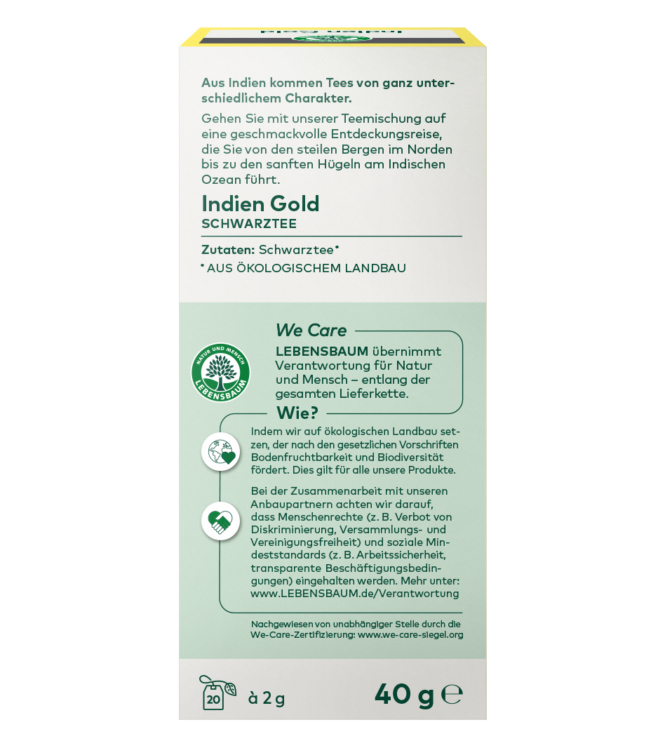 Indien Gold Schwarztee Bio 40g Packung mit gelbem Deckel, Lebensbaum We Care Zertifikat und Informationen zu ökologischem Anbau.