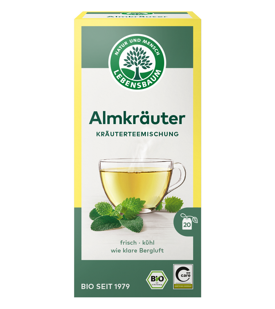 Lebensbaum Almkräuter Kräuterteemischung, Bio, 20 Beutel in gelber Verpackung mit Tasse grünem Tee und Minzblättern