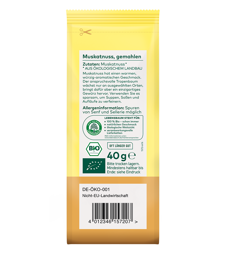 Muskatnuss gemahlen, Bio, 40g Packung in Gelb mit braunem Boden, Lebensbaum-Siegel und EU-Öko-Zertifikat