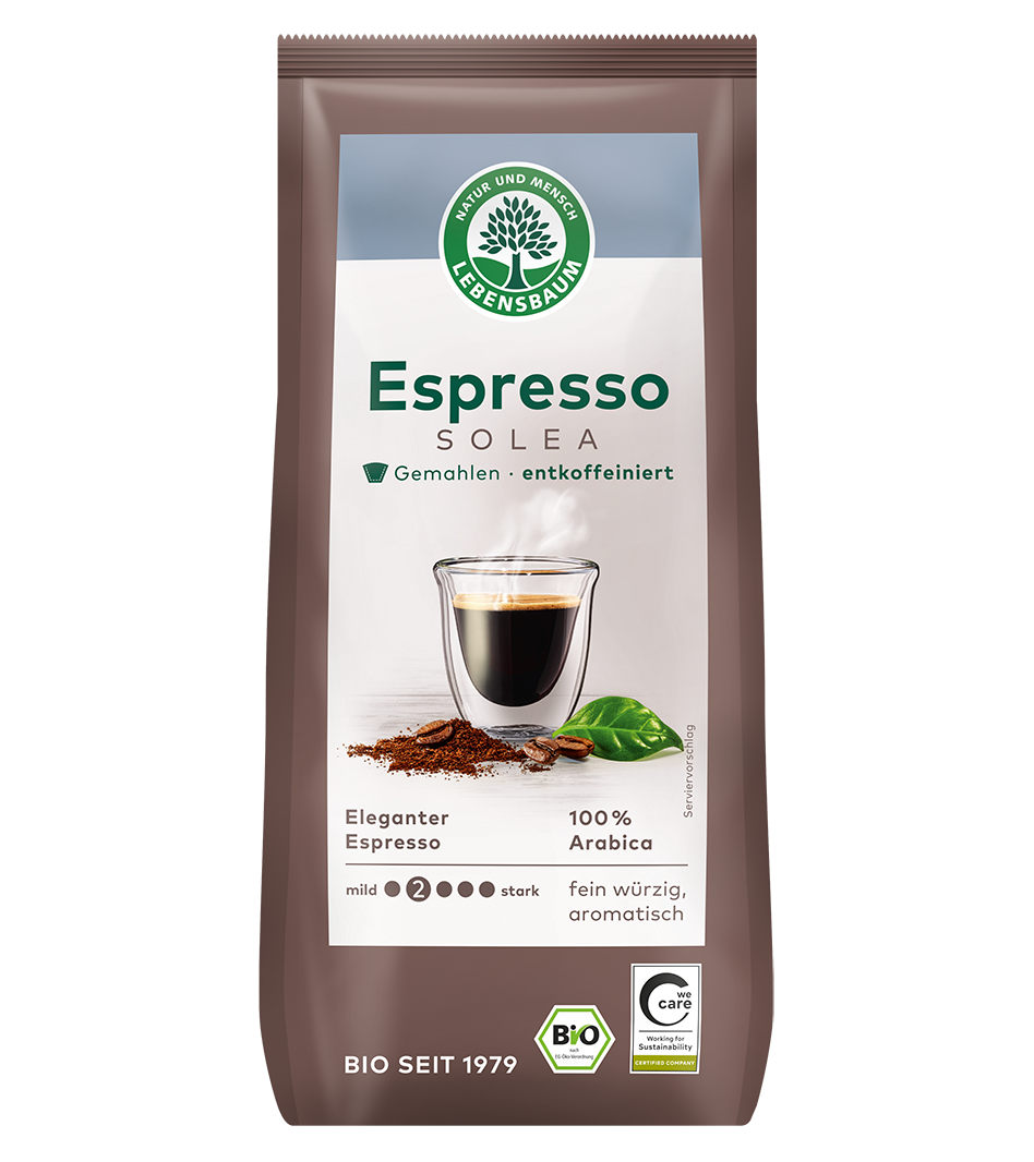 Lebensbaum Espresso Solea, gemahlener entkoffeinierter Kaffee, 100% Arabica, Bio-Qualität, braune Verpackung mit Tasse und Kaffeepulver.