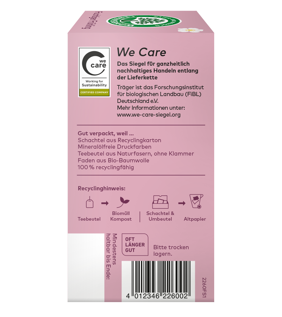 Rosa Teepackung mit We Care Nachhaltigkeitssiegel, Recyclinginformationen und Frühlingstee-Produktdetails auf der Rückseite.