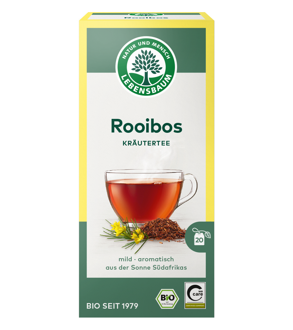 Lebensbaum Rooibos Kräutertee Bio, 20 Beutel, mild und aromatisch aus Südafrika in gelb-grüner Packung.