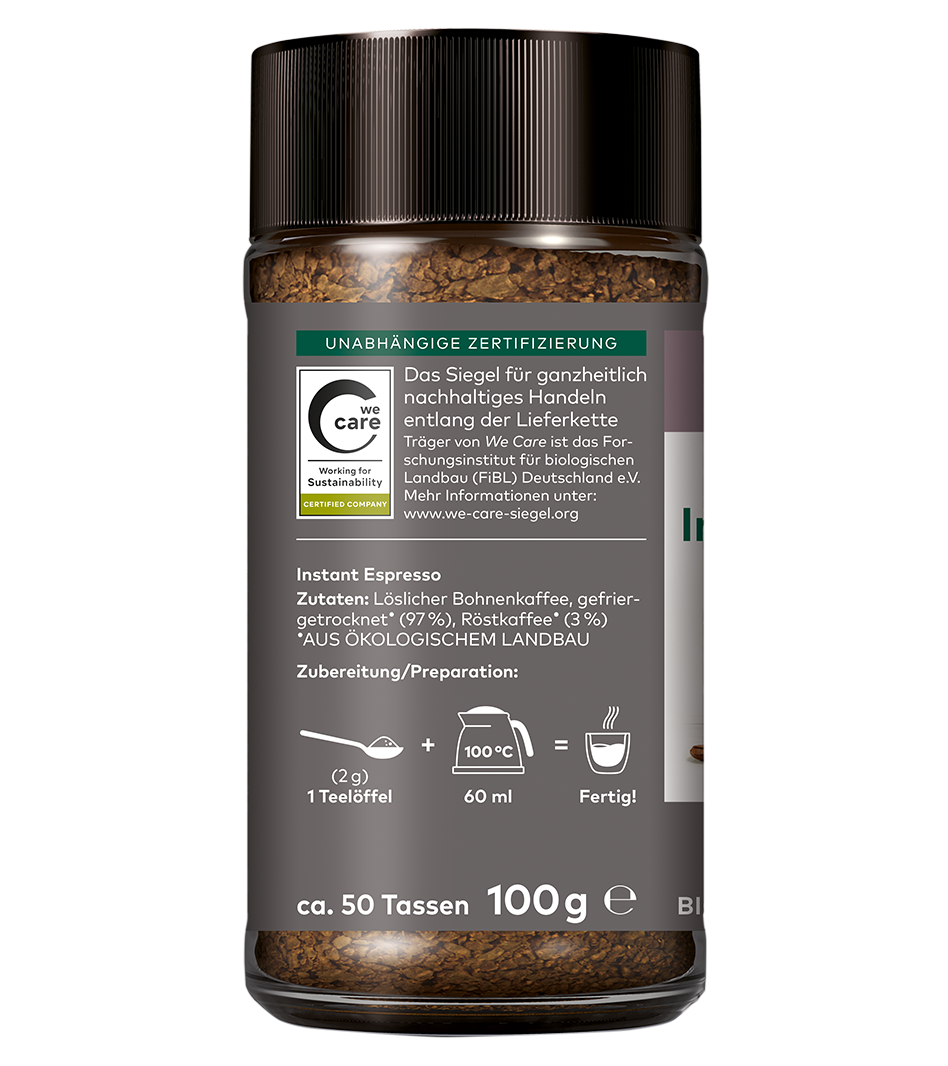 Instant Espresso 100g Glas mit löslichem Bohnenkaffee, Bio-Qualität, We Care Zertifikat, ca. 50 Tassen