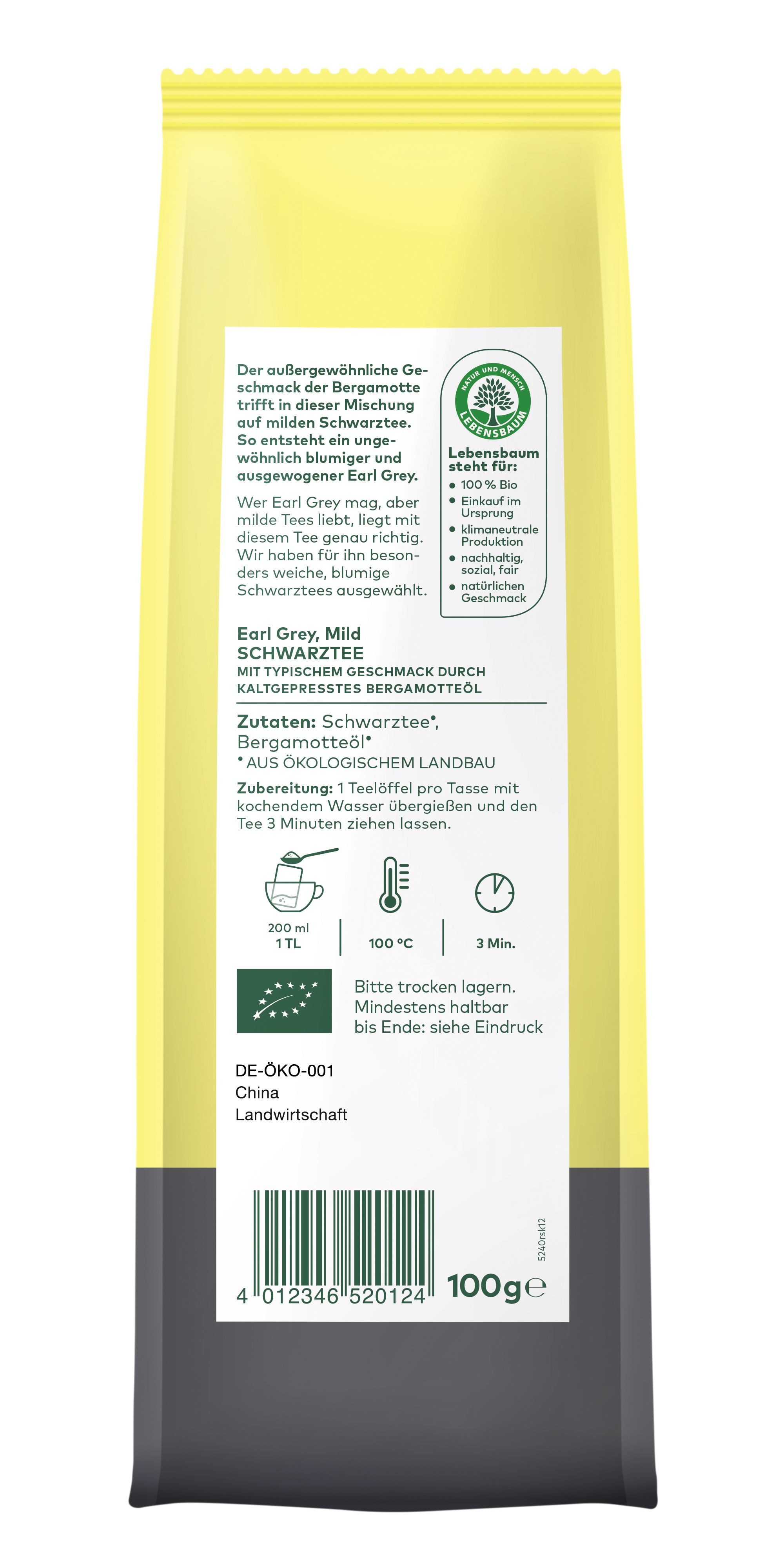 Gelbe 100g Teeverpackung mit weißem Etikett: Earl Grey Mild Schwarztee mit Bio-Bergamotteöl, Lebensbaum-Siegel, Zubereitungsanleitung und DE-Öko-001 Zertifikat.