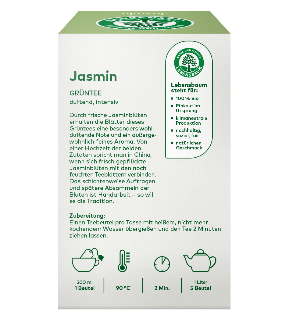 Jasmin-Grüntee von Lebensbaum, 100% Bio, Verpackung mit grün-weißem Design, Zubereitung 90°C, 2 Minuten, duftend und intensiv