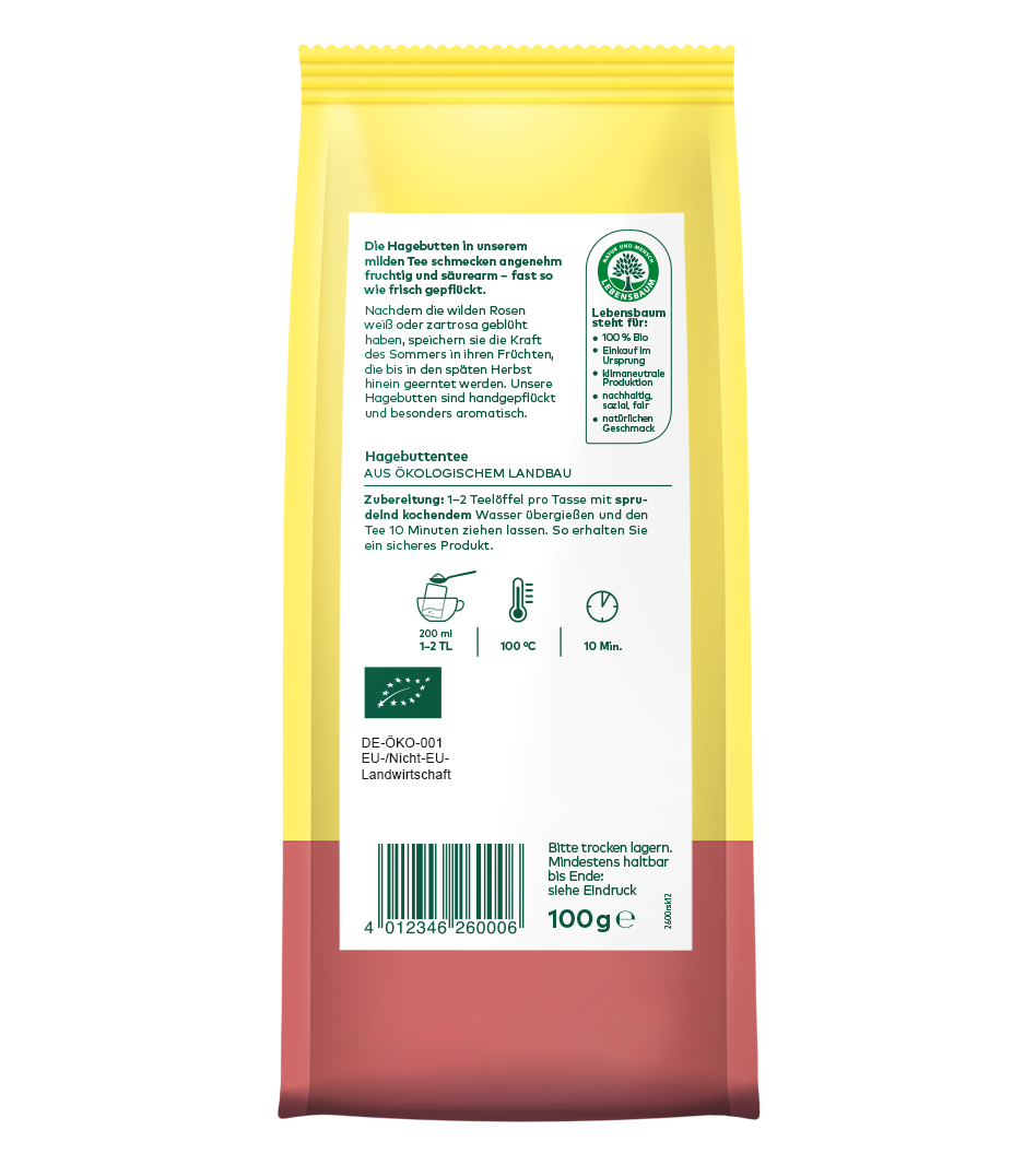 Hagebuttentee Bio 100g in gelb-roter Verpackung mit Zubereitungsanleitung und Lebensbaumsiegel
