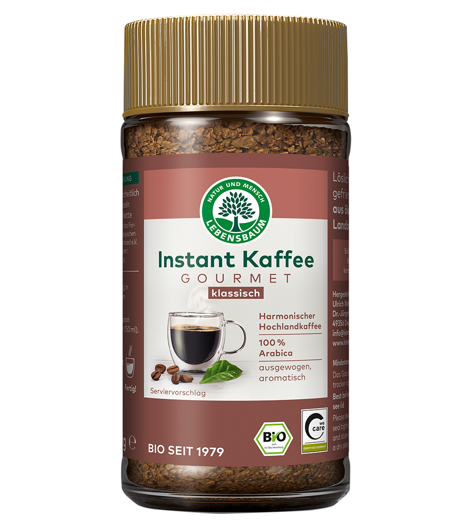 Lebensbaum Instant Kaffee Gourmet klassisch, 100% Arabica Hochlandkaffee, Bio-Glas mit goldenem Schraubverschluss