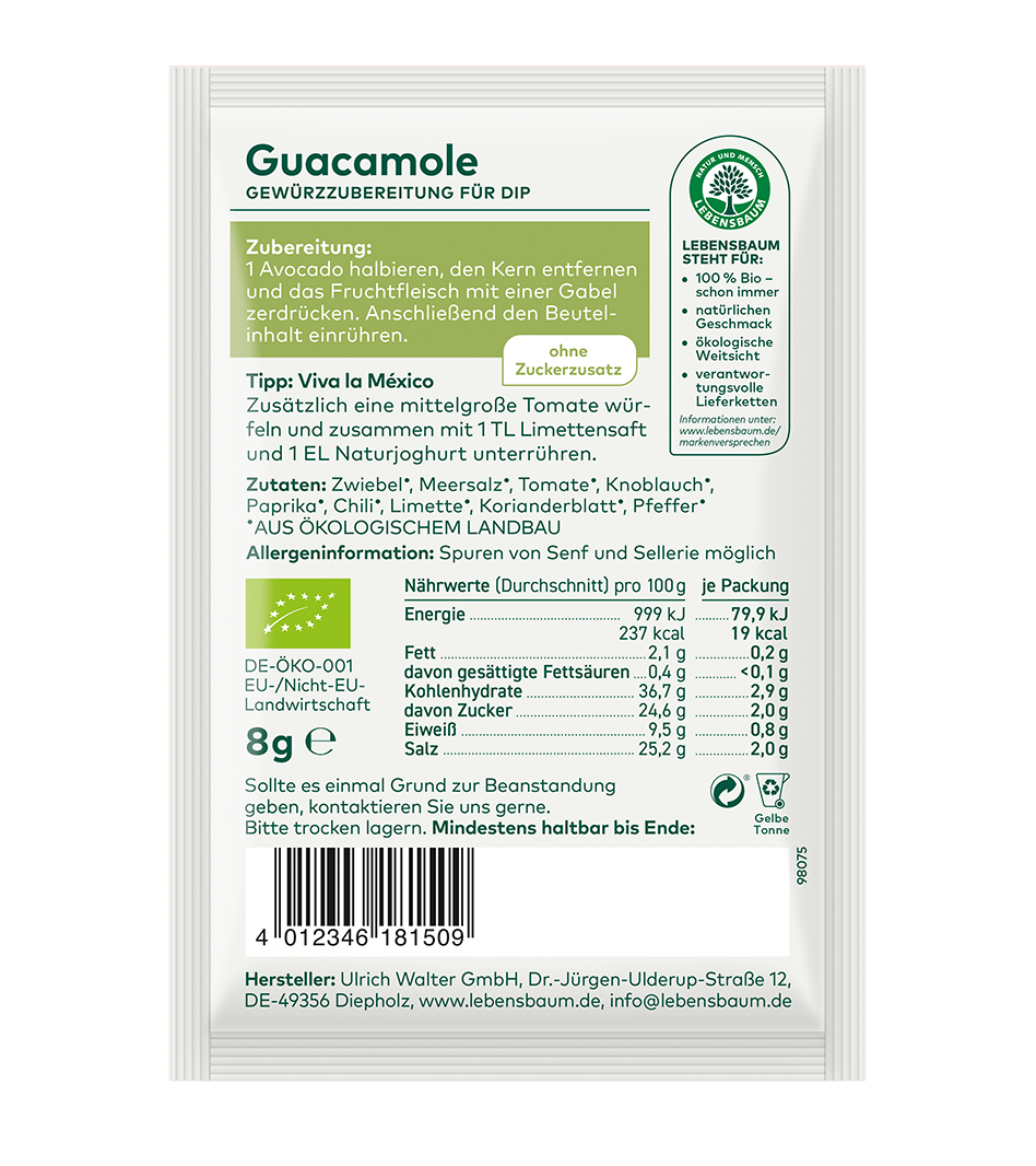 Guacamole Gewürzzubereitung für Dip Rückseite