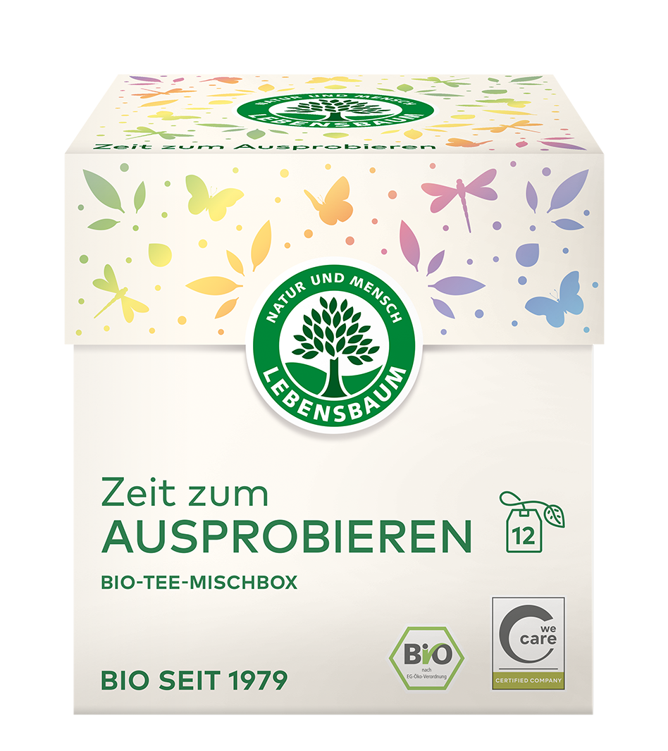 Lebensbaum Bio-Tee-Mischbox "Zeit zum Ausprobieren" mit 12 Teebeutel, cremefarbene Verpackung mit bunten Schmetterlingen und Blättern