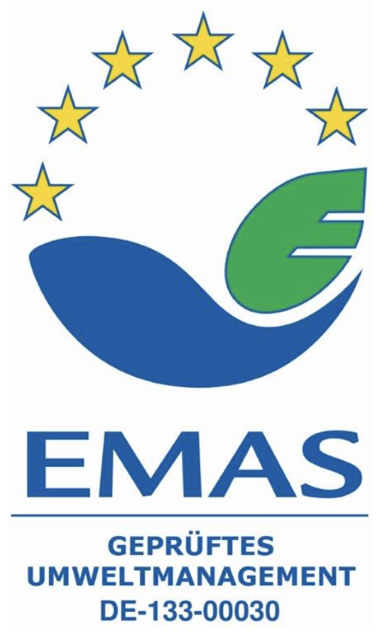 EMAS-Umweltmanagementsiegellogo mit sechs goldenen Sternen, blauem Blatt und grünem "E", Registrierungsnummer DE-133-00030