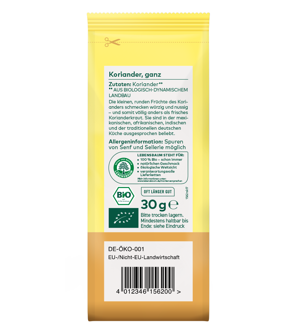 Bio Koriander ganz, 30g, gelbe Verpackung mit grünem Lebensbaum-Logo und EU-Öko-Siegel