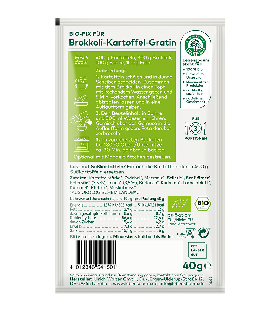 Bio-Fix Brokkoli-Kartoffel-Gratin Packung 40g, Zutaten und Zubereitung auf weißem Hintergrund mit grünem Streifen