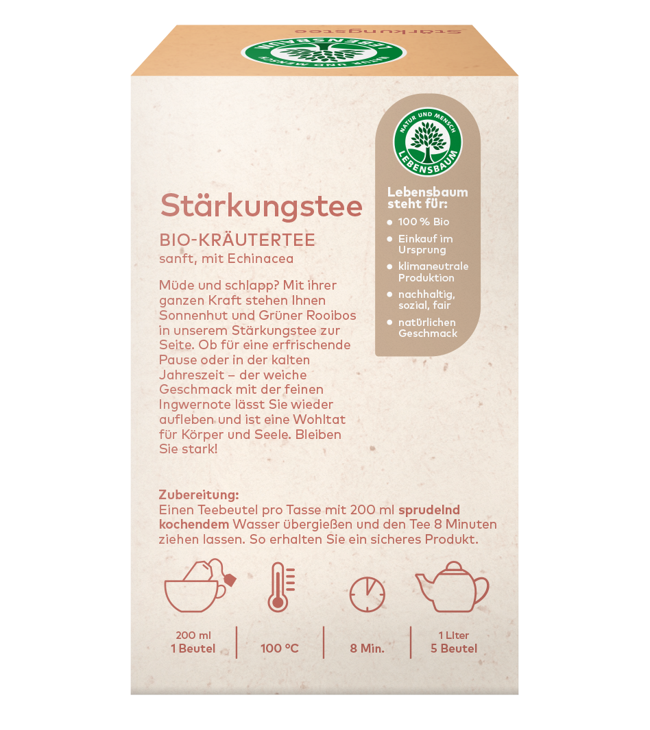 Stärkungstee Bio-Kräutertee mit Echinacea in cremefarbener Verpackung, Lebensbaum-Siegel, Zubereitungsanleitung und Zutaten sichtbar