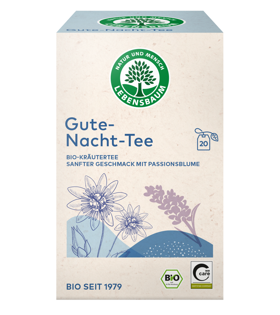 Lebensbaum Gute-Nacht-Tee Bio-Kräutertee mit Passionsblume, 20 Teebeutel, cremefarbene Packung mit Blütenmotiven