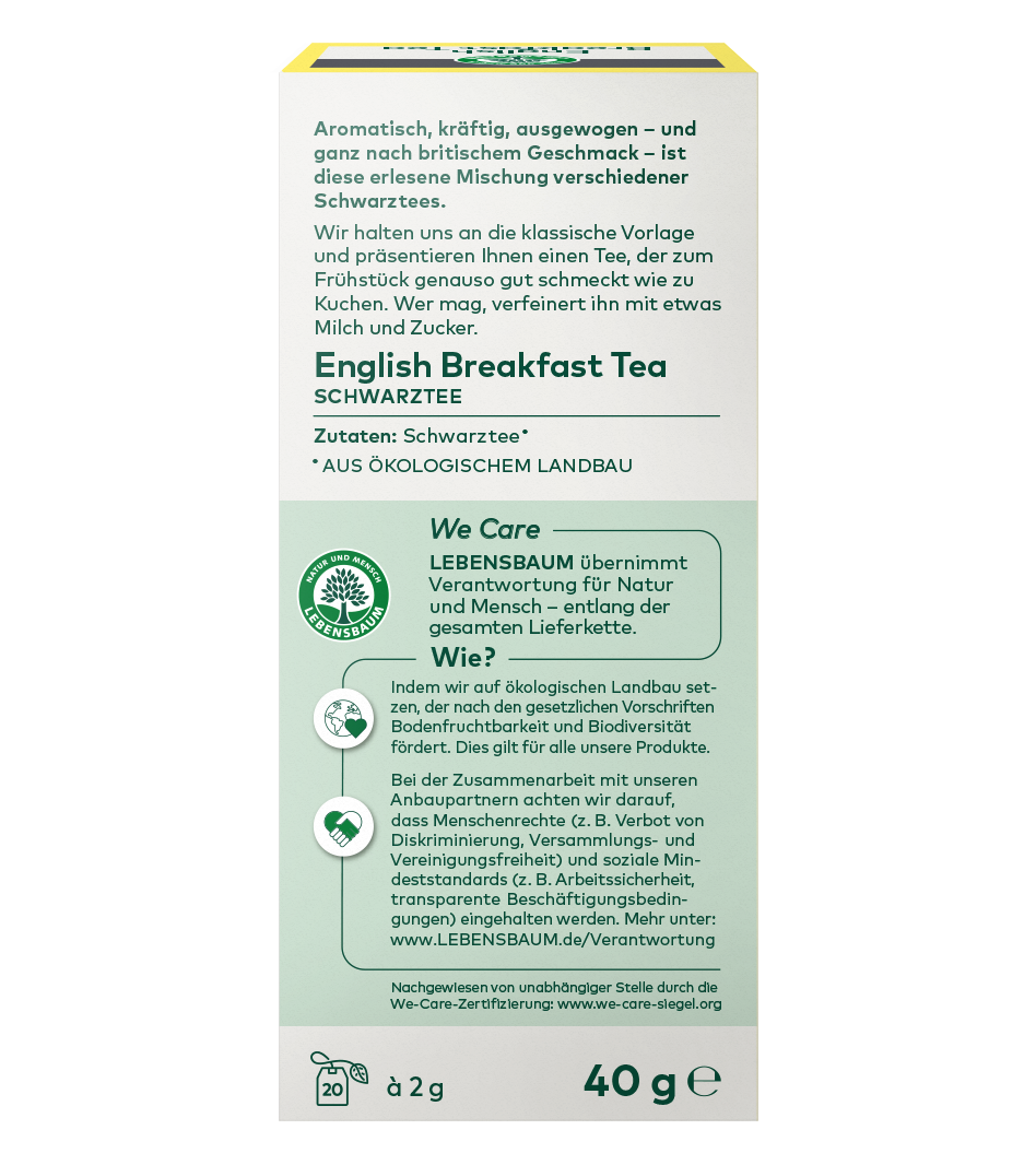 English Breakfast Tea Schwarztee, 40g, Bio-Qualität, aromatische Mischung in weißer Verpackung mit gelbem Akzent