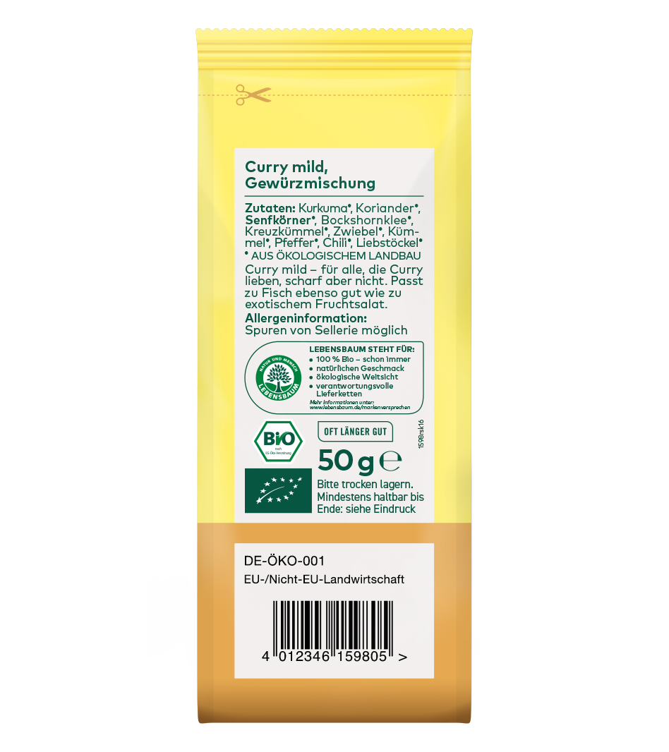 Curry mild Gewürzmischung, 50g Bio-Packung in Gelb mit braunem unteren Bereich, Zutatenliste und EU-Öko-Siegel sichtbar.