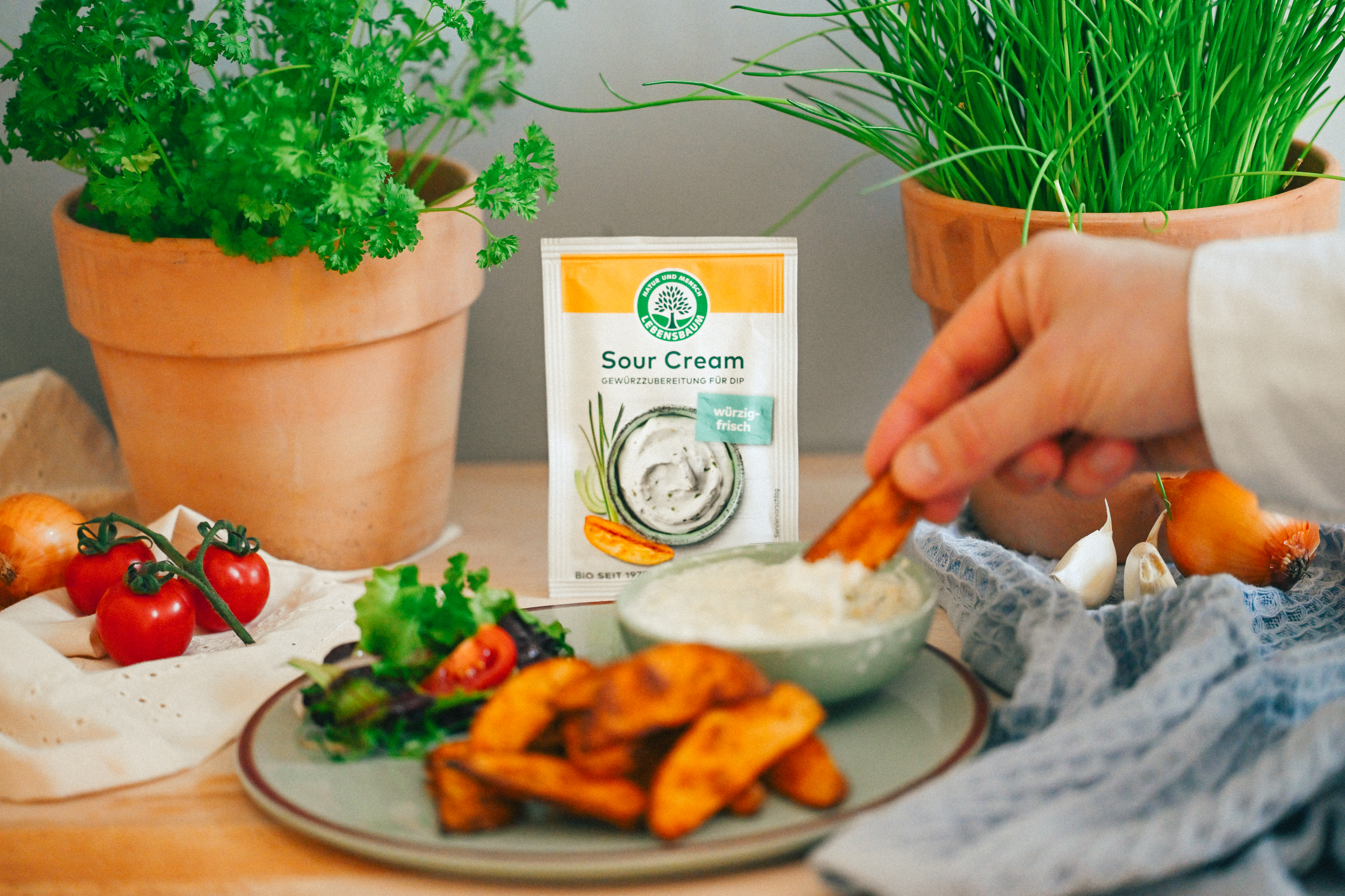 Sour-Cream-Verpackung zwischen Pflanzen, davor Süßkartoffeln mit Dip, eine Hand taucht eine Süßkartoffel hinein