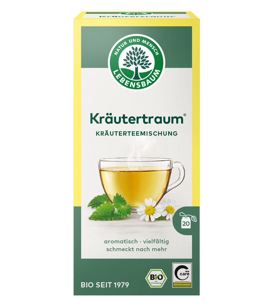 Lebensbaum Kräutertraum Kräuterteemischung, 20 Beutel, Bio-Qualität, gelbe Packung mit grünem Teecup und Kräutern.