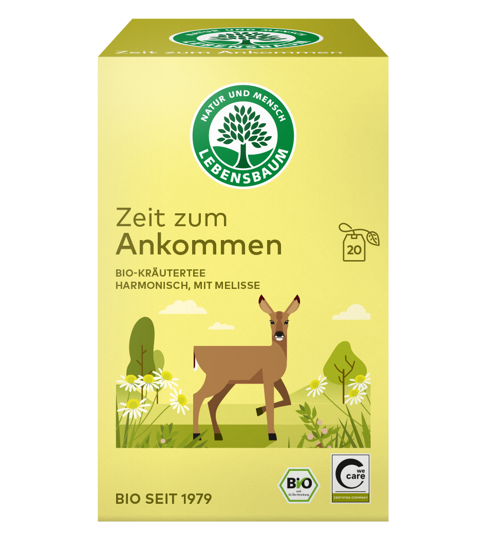 Lebensbaum "Zeit zum Ankommen" Bio-Kräutertee mit Melisse, 20 Teebeutel, gelbe Verpackung mit Reh in Naturlandschaft