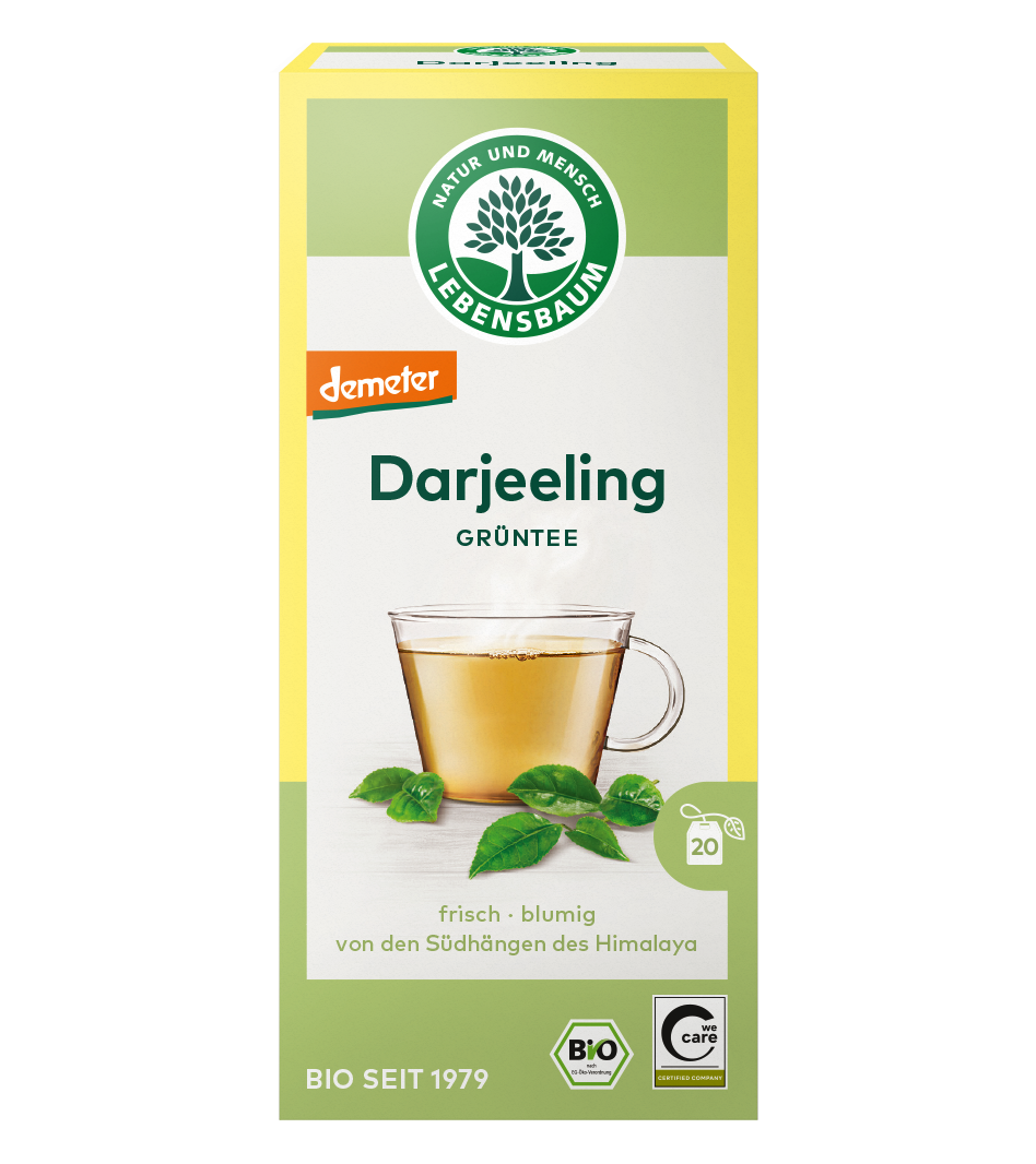 Lebensbaum Darjeeling Grüntee Bio, 20 Teebeutel, hellgelbe Tassenaufbrühung, frisch-blumiger Himalaya-Tee