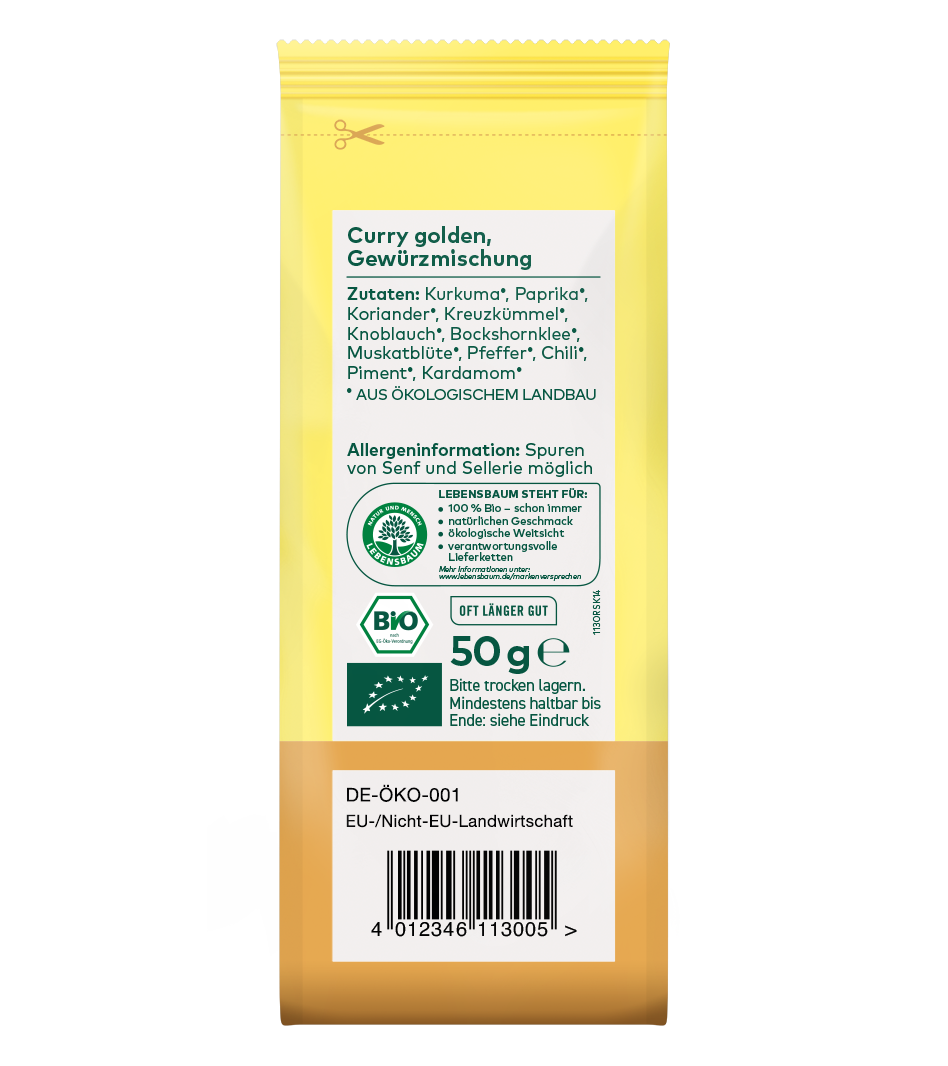 Bio Curry golden Gewürzmischung, 50g, gelbe Verpackung mit weißem Etikett, Zutaten: Kurkuma, Paprika, Koriander und weitere Gewürze, DE-ÖKO-001 zertifiziert