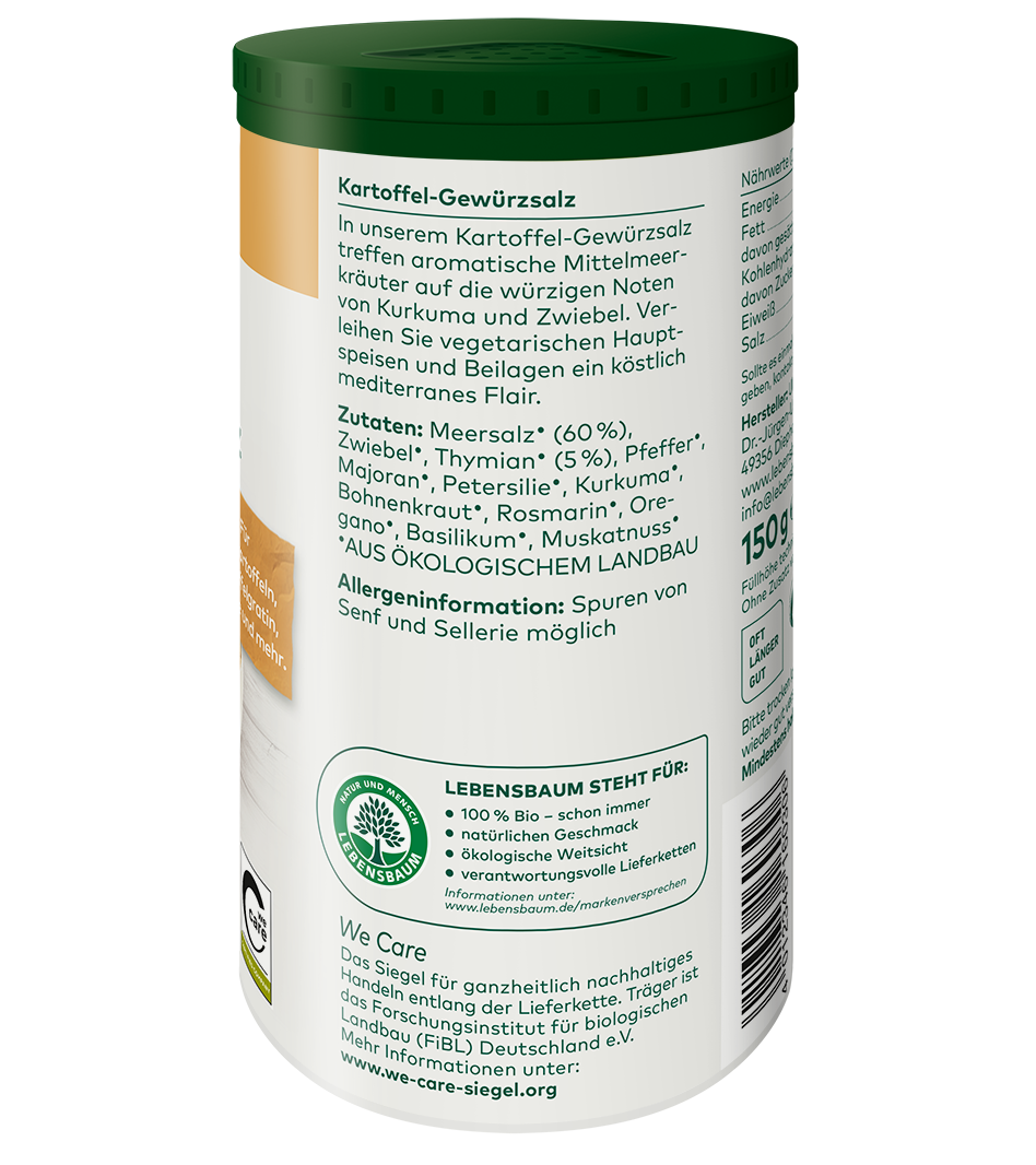 Kartoffel-Gewürzsalz 150g Bio-Behälter mit grünem Deckel, Meersalz mit Zwiebel, Thymian, Kurkuma und Basilikum, Lebensbaum