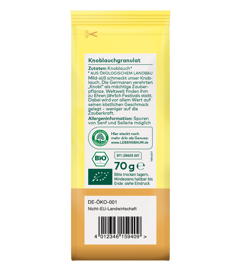 Bio Knoblauchgranulat 70g in gelb-brauner Verpackung mit Zutatenliste und Öko-Zertifikat