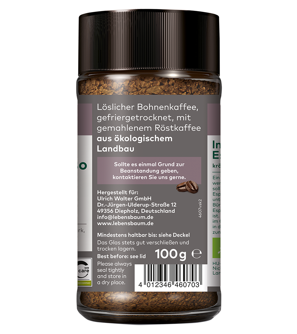 Instant Espresso 100g Glas mit gefriergetrocknetem Bio-Bohnenkaffee, braune Kaffeegranulate sichtbar, schwarzer Schraubverschluss.