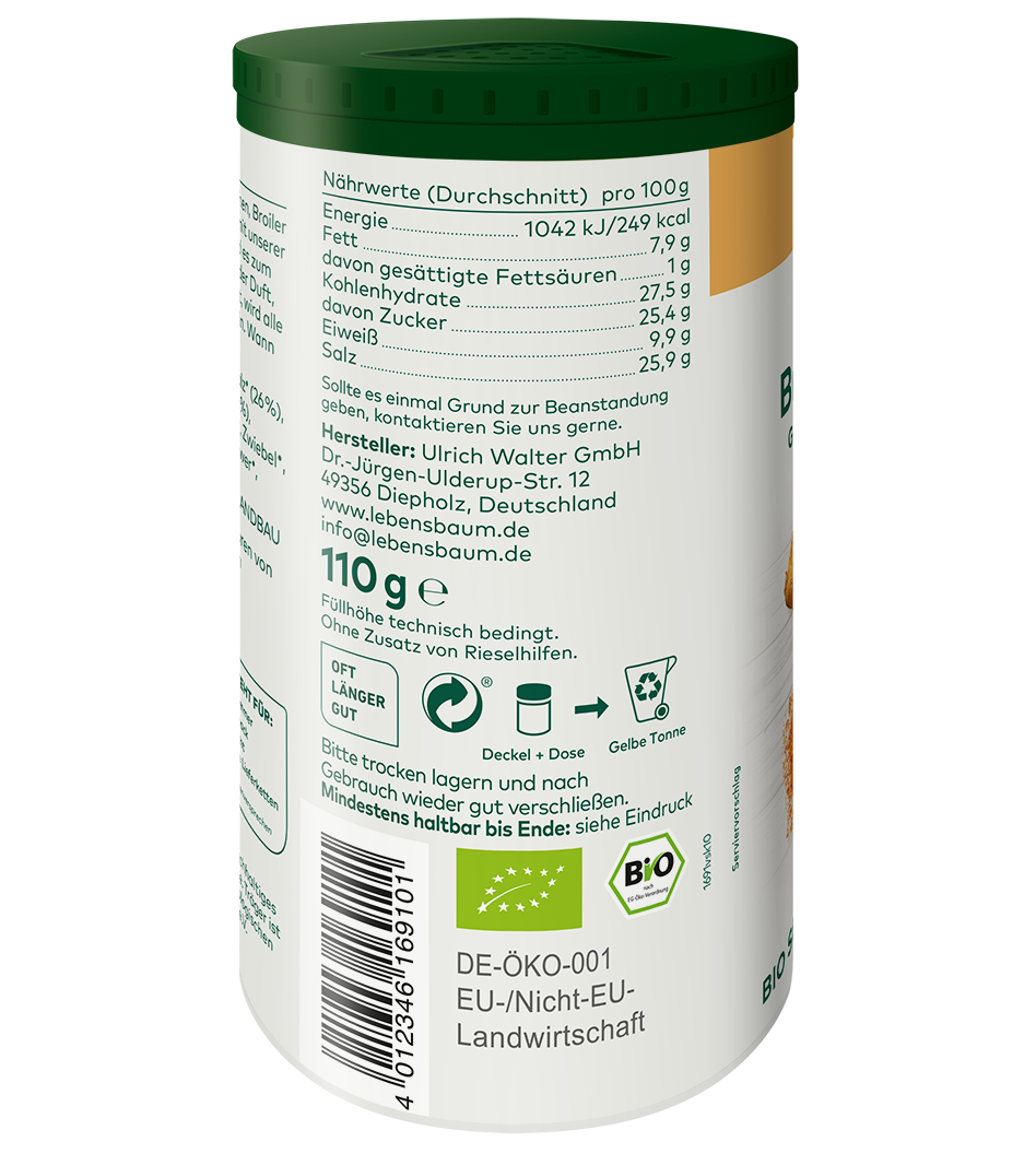 Bio-Suppenwürze Hähnchen 110g in weißer Dose mit grünem Deckel, Nährwertangaben und DE-ÖKO-001 Zertifikat