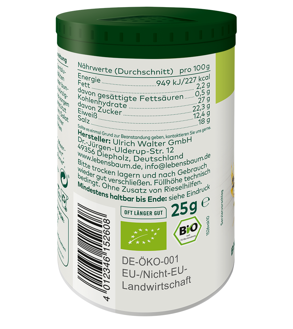 Bio-Kräuterblüten Topping in grünem Streudose, Nährwertangaben und DE-ÖKO-001 Zertifikat sichtbar