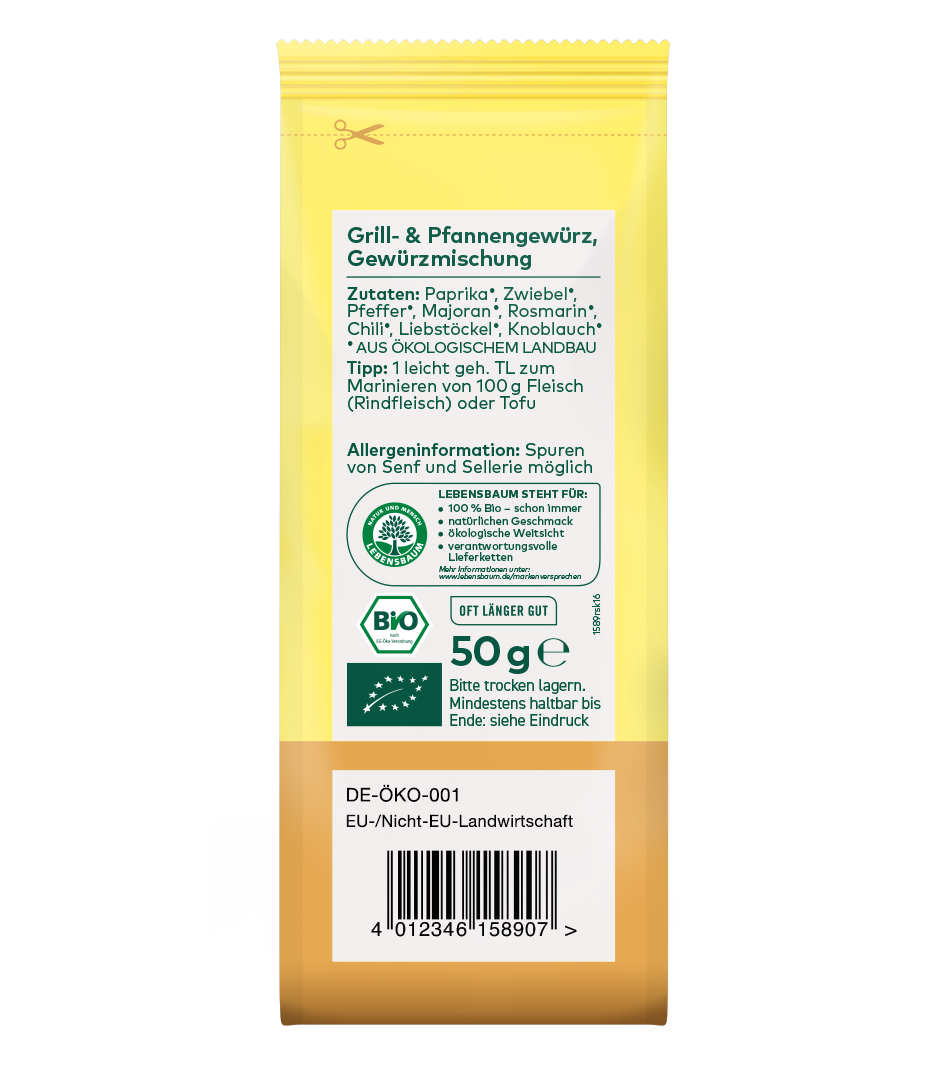 Bio Grill- & Pfannengewürz Gewürzmischung, 50g, gelbe Verpackung mit weißem Etikett, Zutaten: Paprika, Zwiebel, Pfeffer, Majoran, Rosmarin, Chili, Liebstöckel, Knoblauch aus ökologischem Anbau