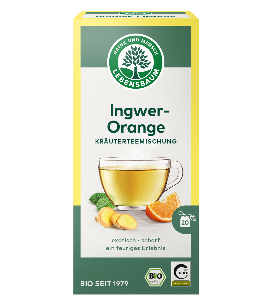 Lebensbaum Ingwer-Orange Kräuterteemischung, 20 Beutel, Bio-Qualität, gelbe Verpackung mit Tasse goldenem Tee, Ingwer und Orangenscheibe