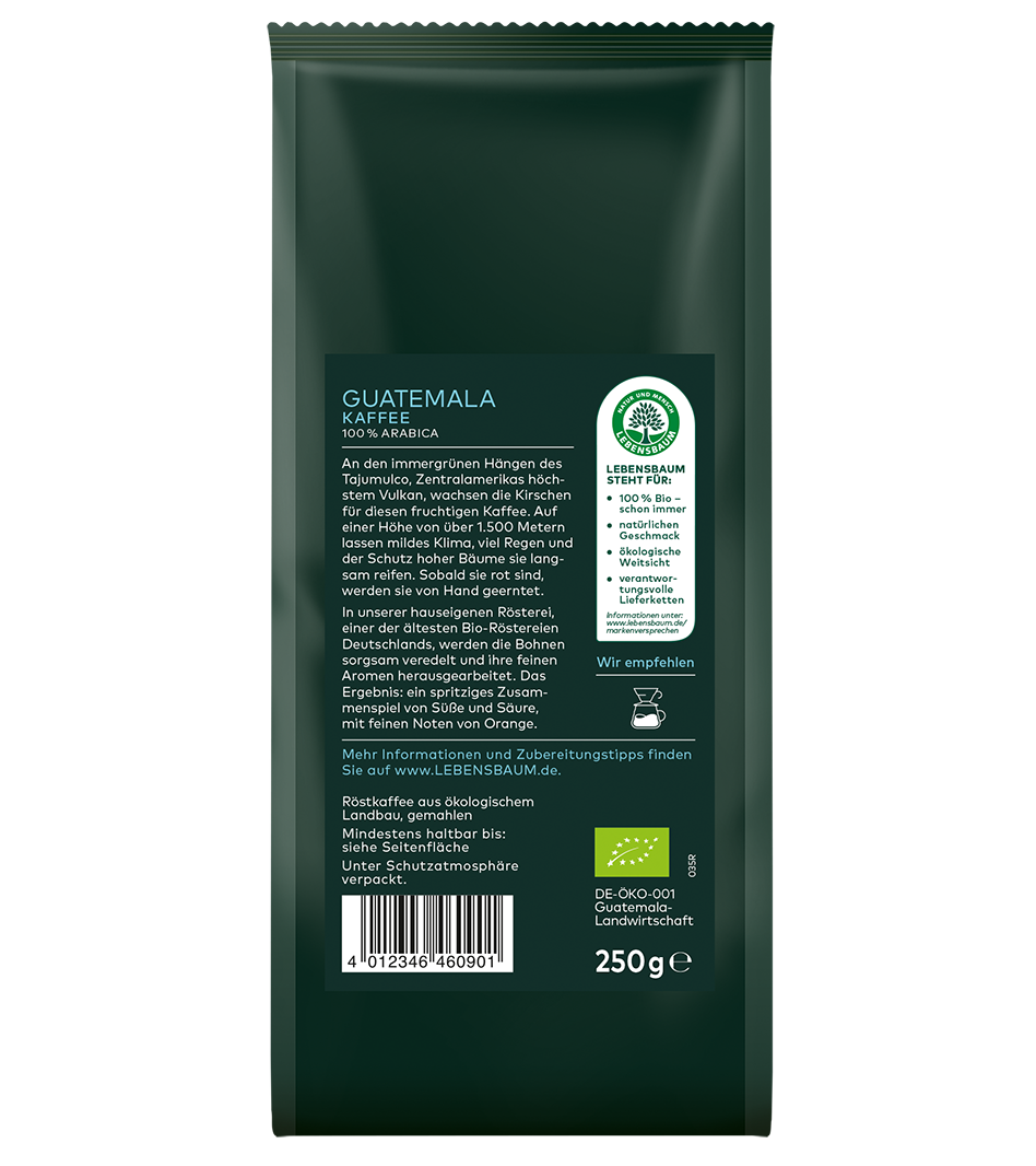 Guatemala Kaffee 100% Arabica, 250g gemahlener Bio-Kaffee in dunkelgrüner Verpackung mit Lebensbaum-Zertifikat