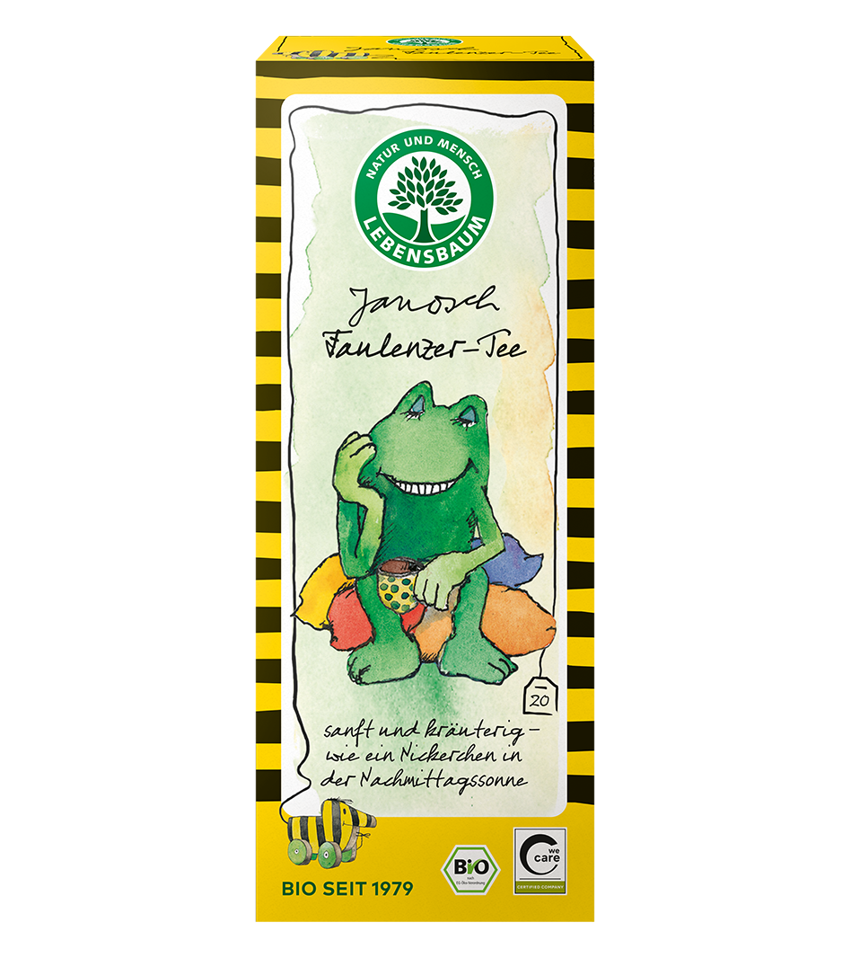 Lebensbaum Janosch Fäulenzer-Tee, Bio-Packung mit gelbem Rand und grünem Laubenfrosch-Motiv, 20 Teebeutel
