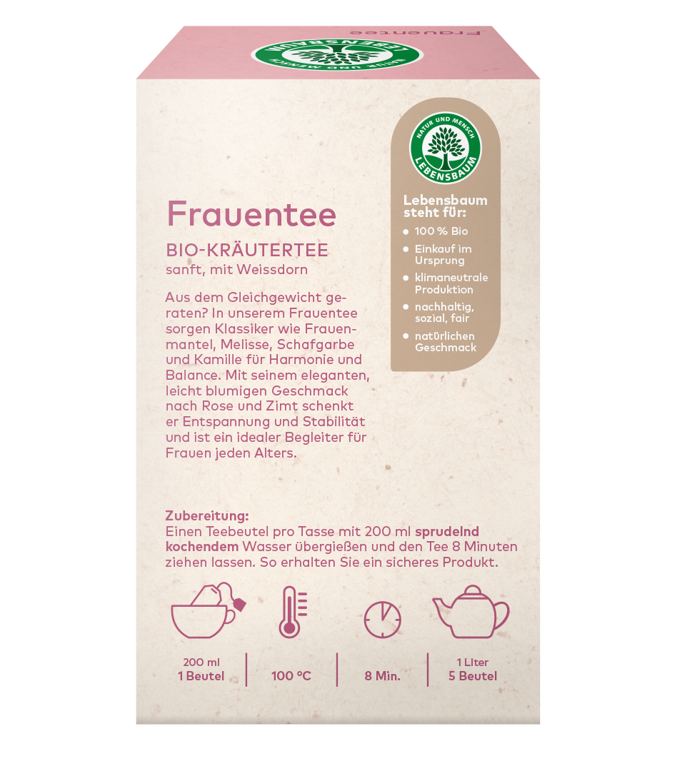 Frauentee Bio-Kräutertee von Lebensbaum mit Weissdorn, Frauenmantel und Kamille in cremefarbener Verpackung mit rosa Akzenten