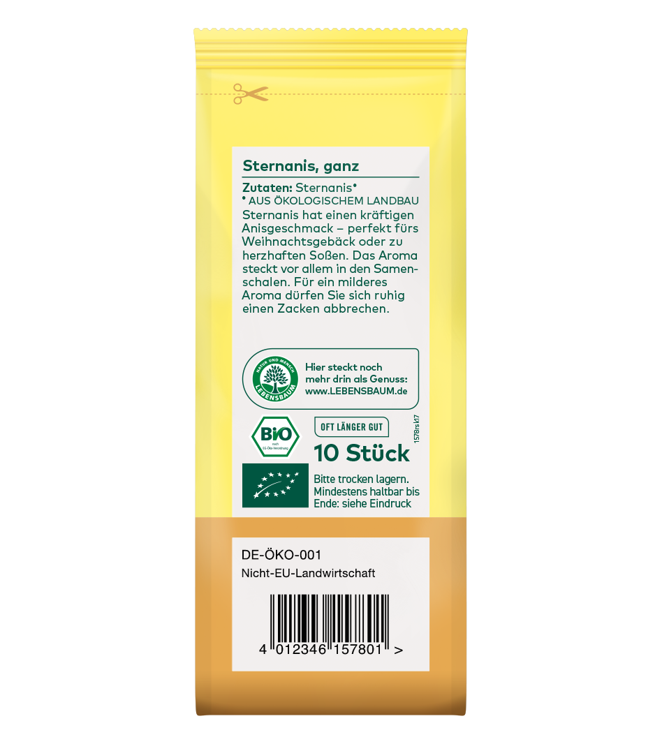 Bio Sternanis, ganz, 10 Stück in gelber Verpackung mit braunem Boden und Bio-Siegel sowie EU-Öko-Zertifikat