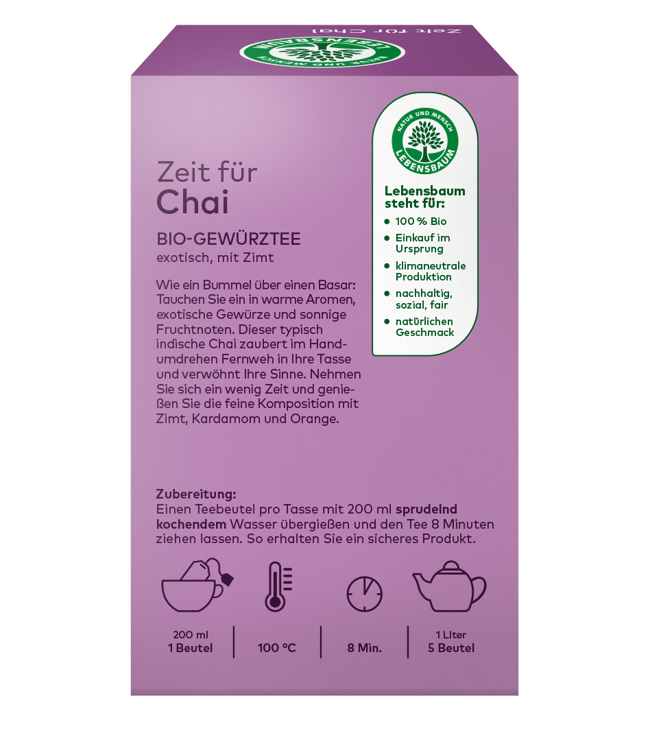 Zeit für Chai Bio-Gewürztee mit Zimt von Lebensbaum in lila Verpackung mit Zubereitungsanleitung und Zertifizierungsbadge