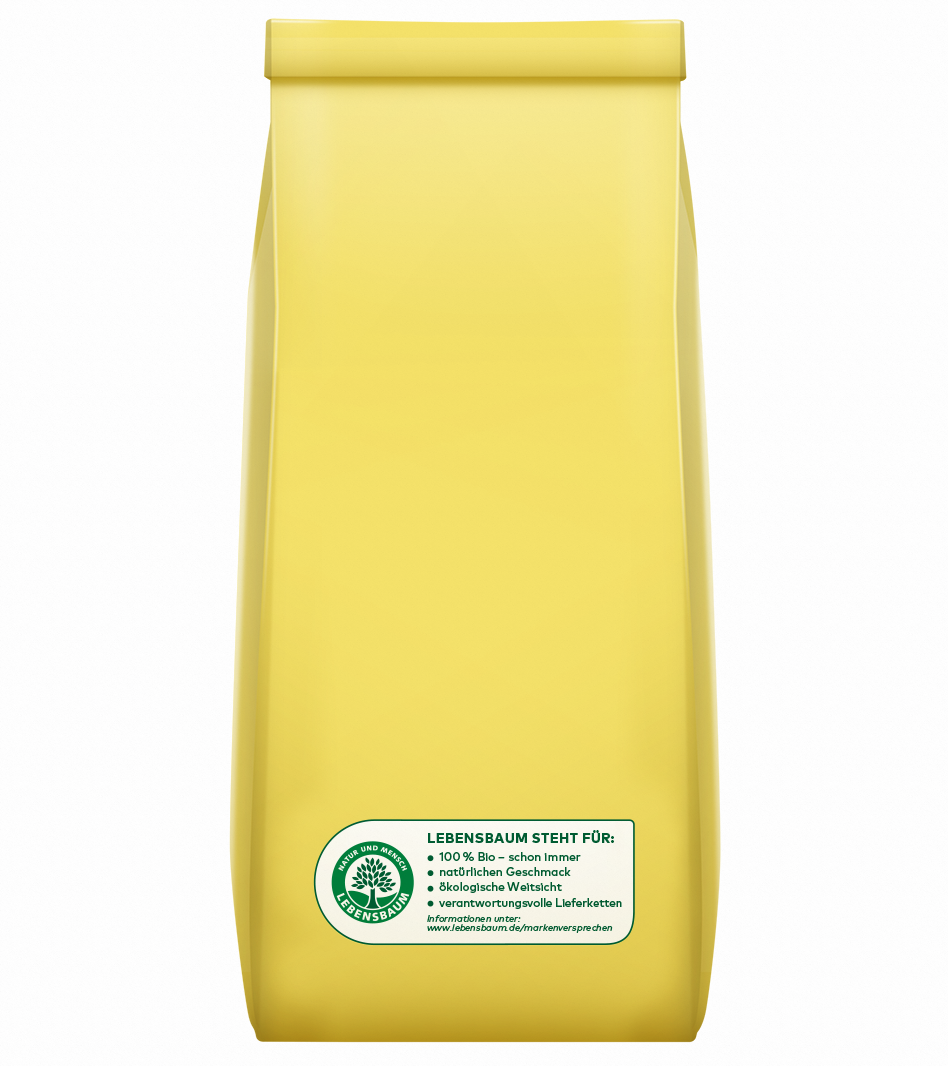 Lebensbaum Bio-Kaffee in gelber Verpackung mit Baumlogo und Informationen zu 100% Bio-Qualität und ökologischer Wertschätzung.