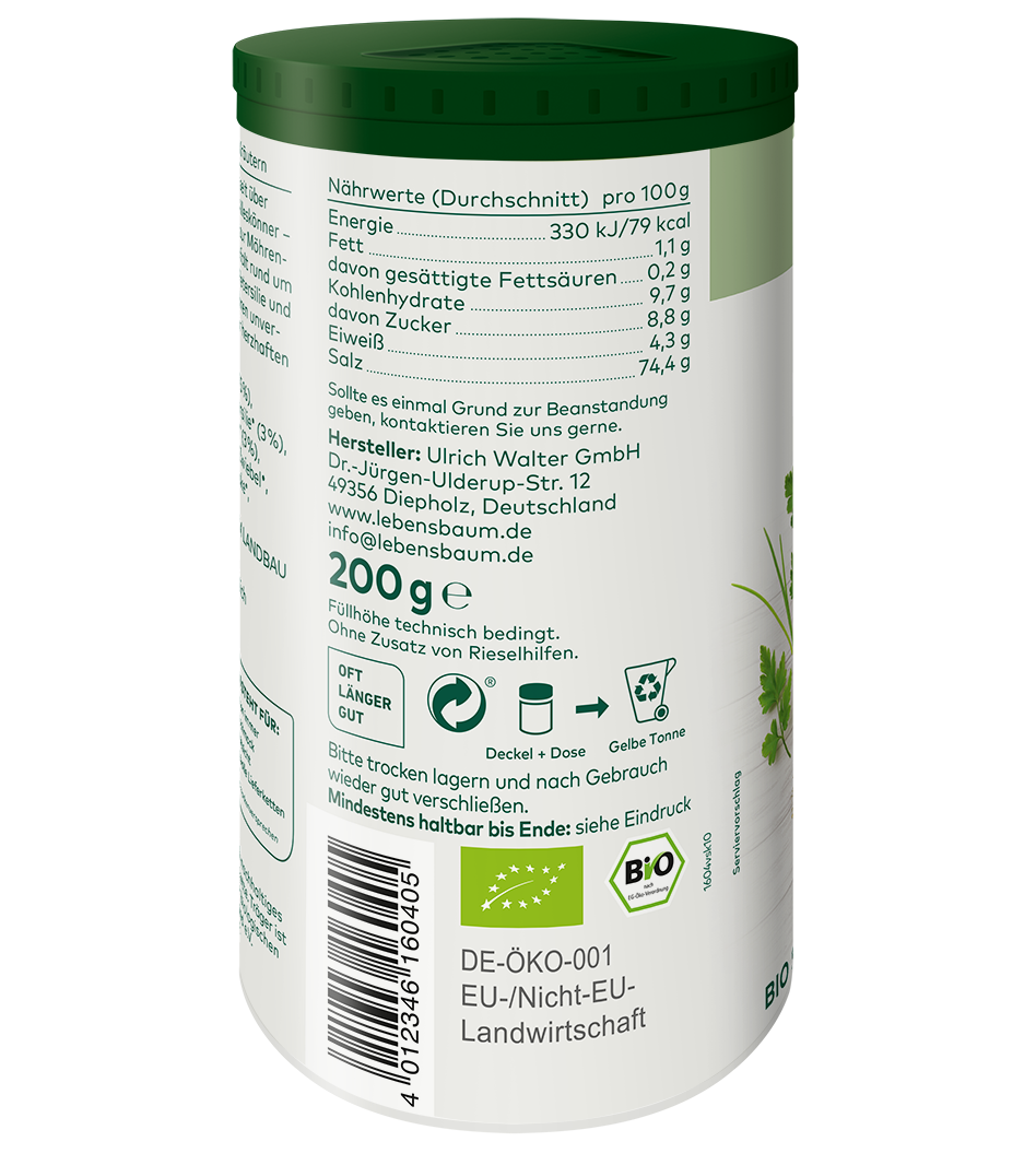 Bio-Kräutersalz 200g in weißer Dose mit grünem Deckel, Nährwertangaben und EU-Öko-Zertifikat sichtbar