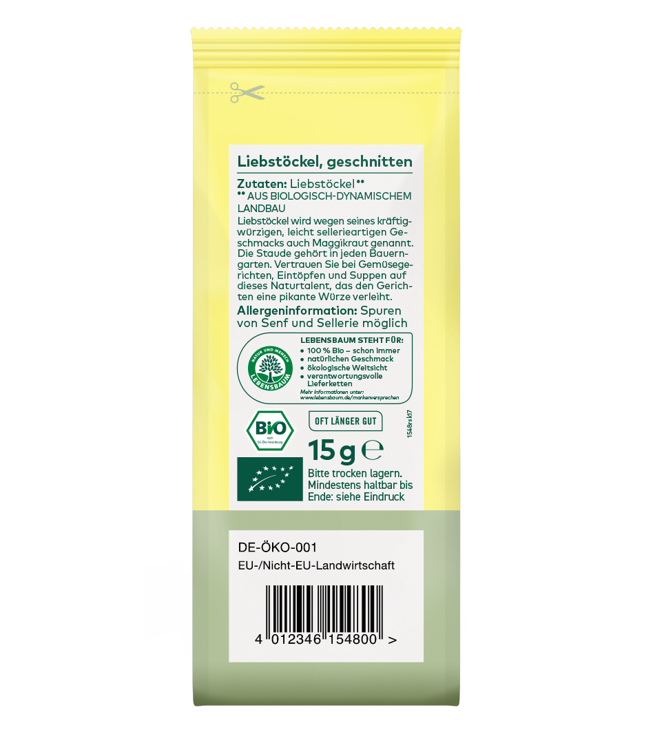 Gelbe 15g Gewürzpackung Liebstöckel geschnitten, Bio-zertifiziert, mit grünem unteren Bereich und Barcode.
