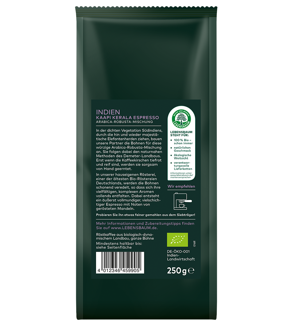 Lebensbaum Indien Kaapi Kerala Espresso, 250g Packung, Bio-Arabica-Robusta-Mischung aus biologisch-dynamischem Anbau, dunkelgrüne Verpackung.