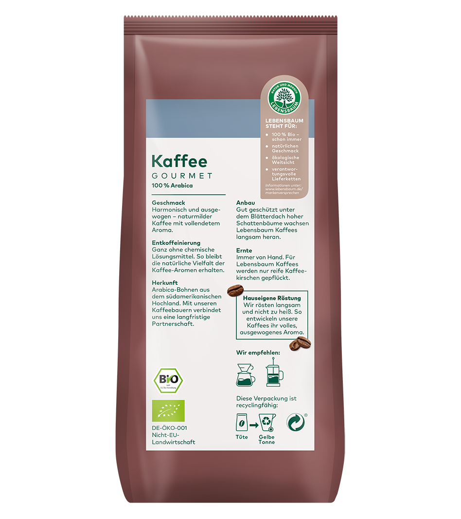 Lebensbaum Gourmet Kaffee, 100% Arabica, entcoffiniert, gemahlene Bohnen in bordeauxroter Packung mit Bio-Siegel und Lebensbaum-Logo.
