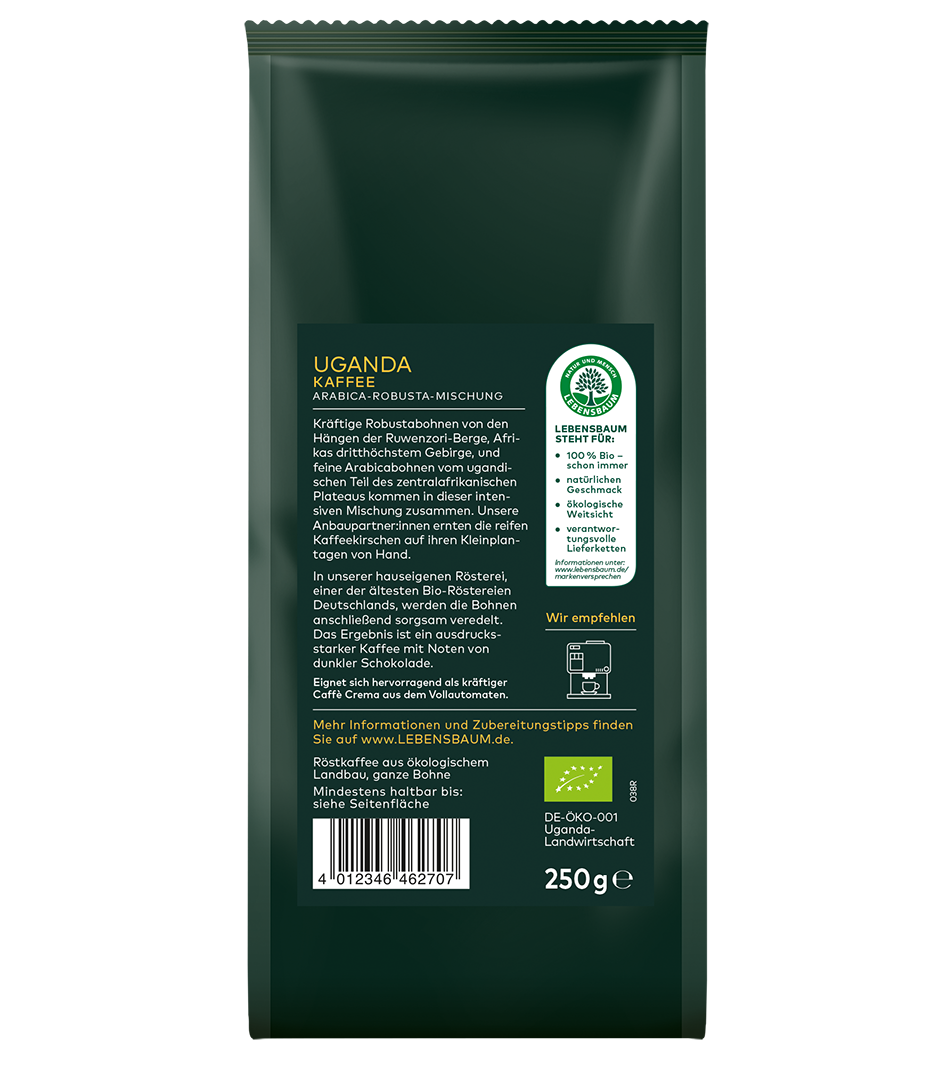 Uganda Kaffee, Arabica-Robusta-Mischung, 250g Packung, Bio-zertifiziert, grüne Verpackung mit Lebensbaum-Logo