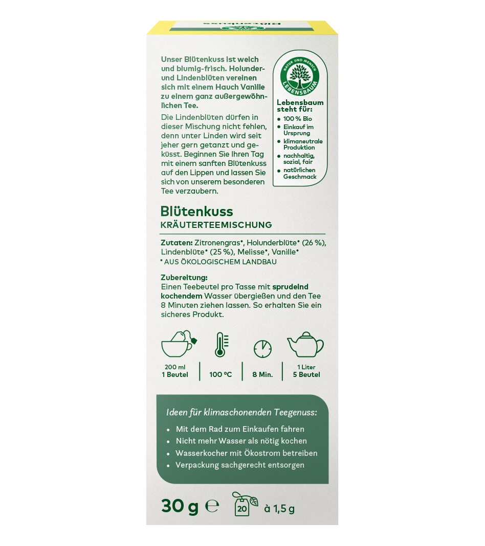 Blütenkuss Kräuterteemischung Bio, 30g Packung mit Zitronengras, Holunderblüte, Lindenblüte und Vanille
