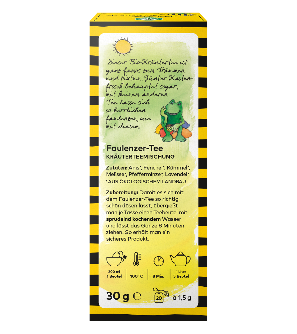 Faulenzer-Tee Bio-Kräuterteemischung 30g in gelb-schwarzer Verpackung mit Janosch-Illustration und Zutatenliste