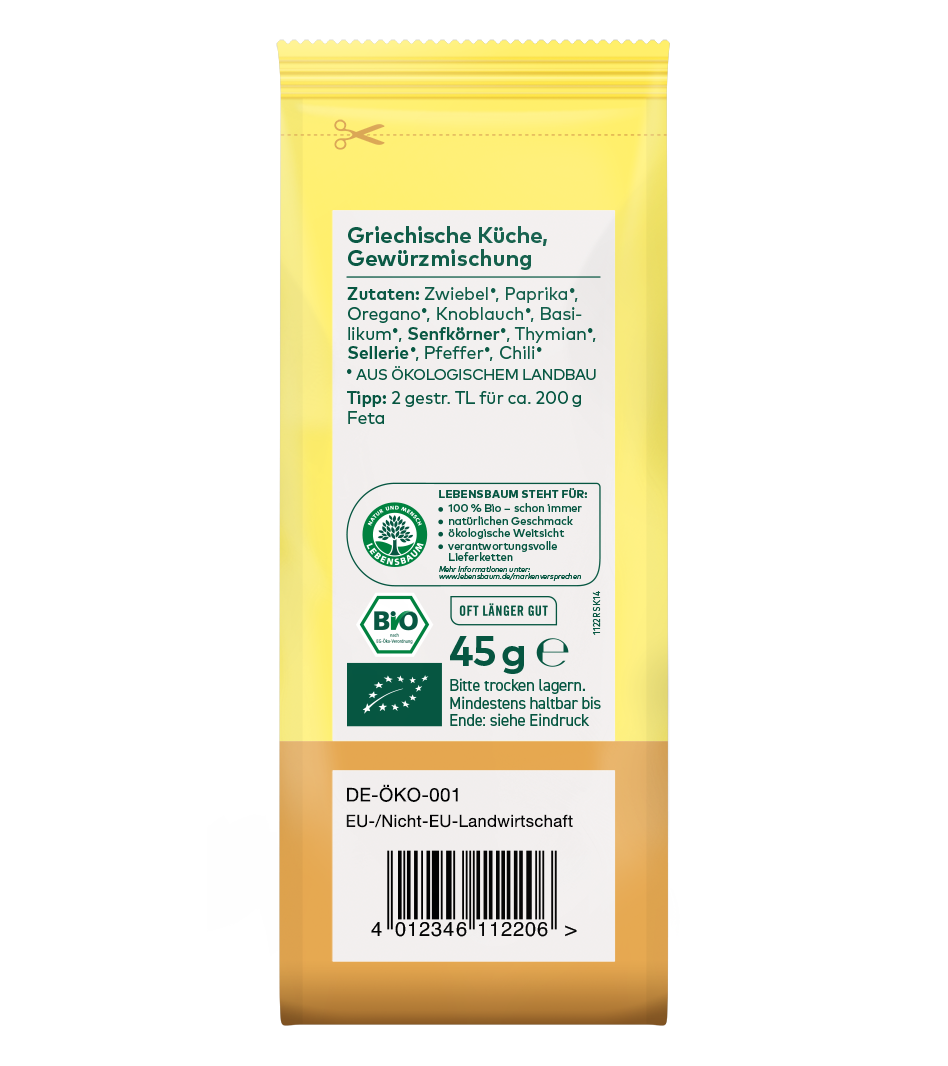 Bio-Gewürzmischung Griechische Küche, 45g, gelbe Verpackung mit braunem unteren Bereich, Zutatenliste und EU-Bio-Siegel