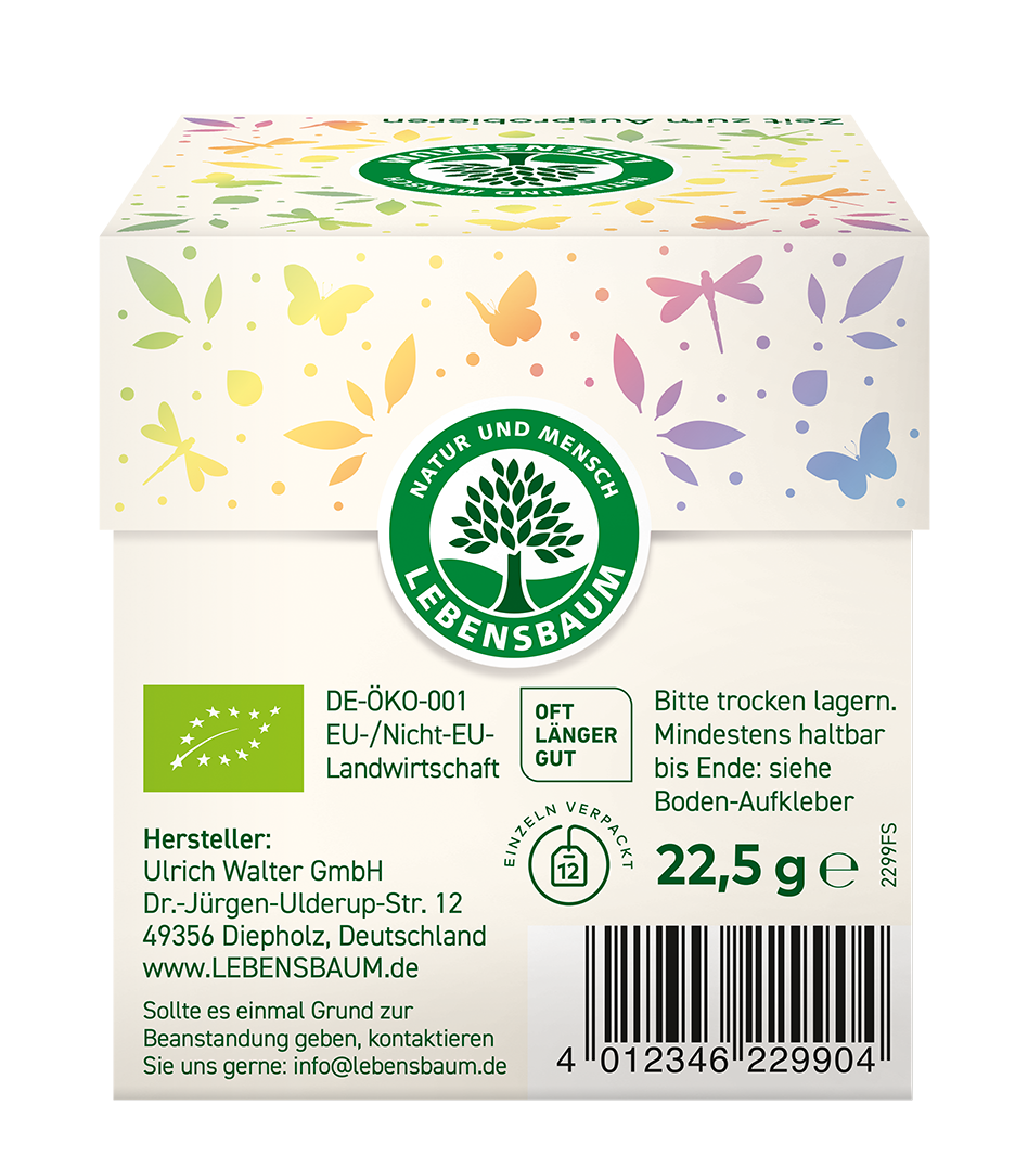 Lebensbaum Bio-Tee Mischbox 22,5g mit buntem Design, Schmetterlinge und Blüten, grünes Logo, DE-ÖKO-001 Zertifikat