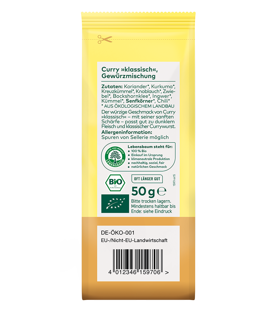 Bio Curry »klassisch« Gewürzmischung, 50g, gelbe Verpackung mit Bio-Zertifikat, Zutaten: Koriander, Kurkuma, Kreuzkümmel und weitere Gewürze
